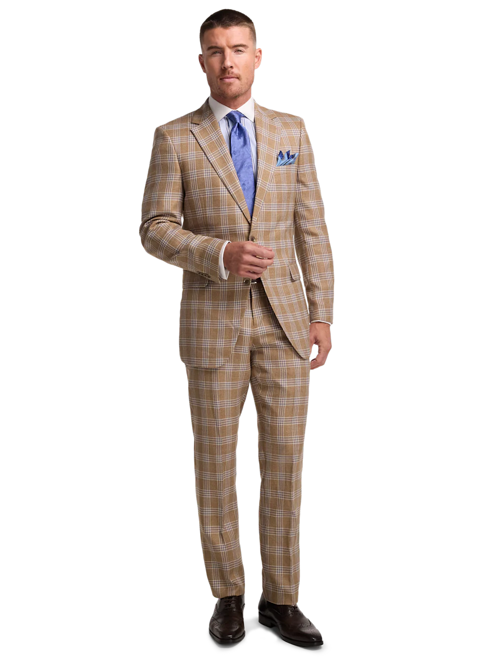 Wool Blend Plaid Single Breasted Notch Lapel Suit - Brown - Image 2