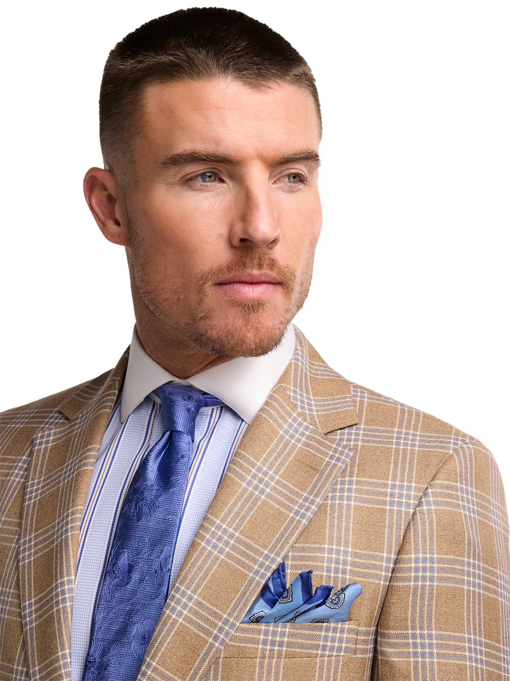 Wool Blend Plaid Single Breasted Notch Lapel Suit - Brown - Image 3