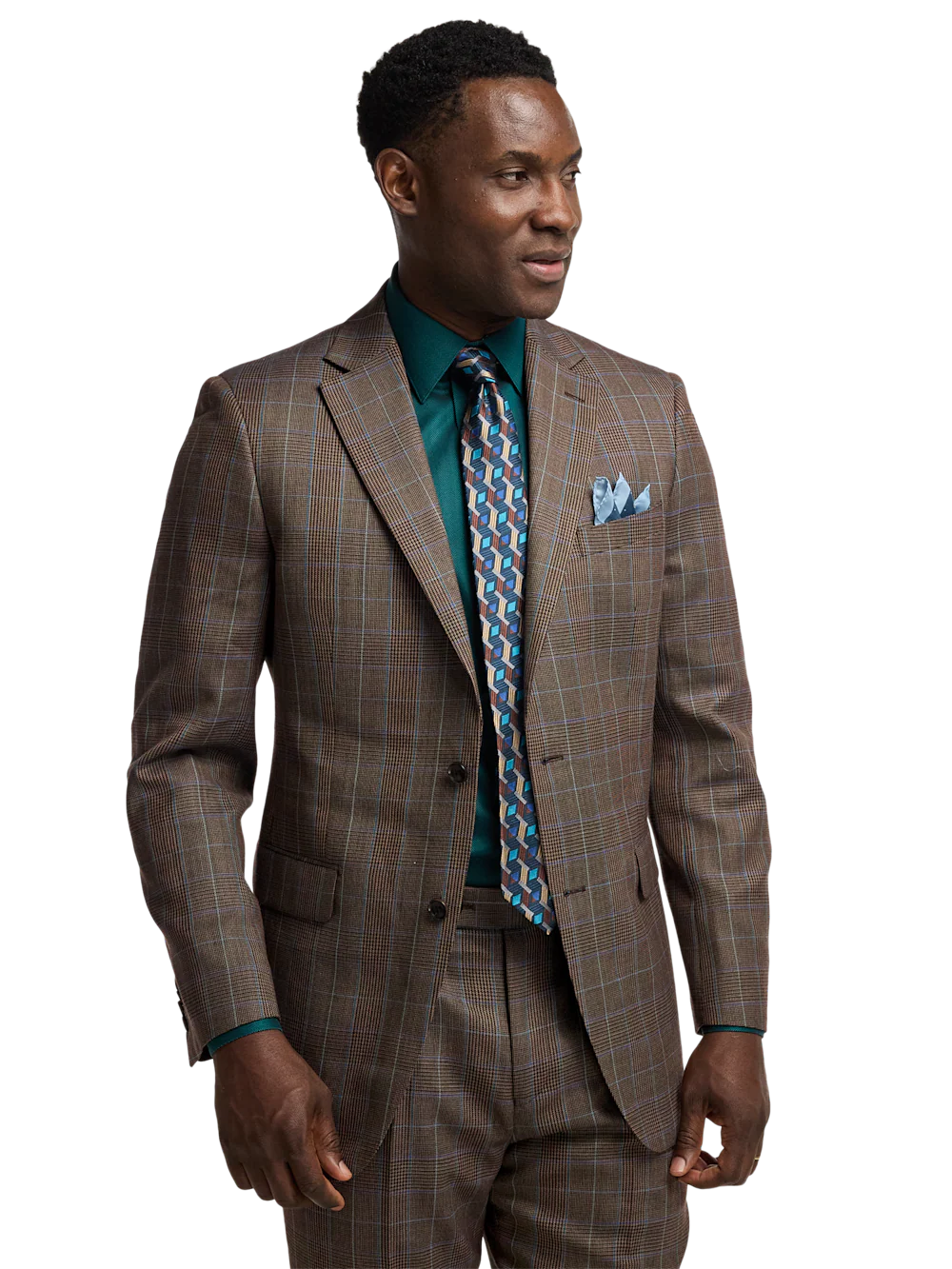 Wool Blend Plaid Single Breasted Notch Lapel Suit Jacket - Brown/blue - Image 2