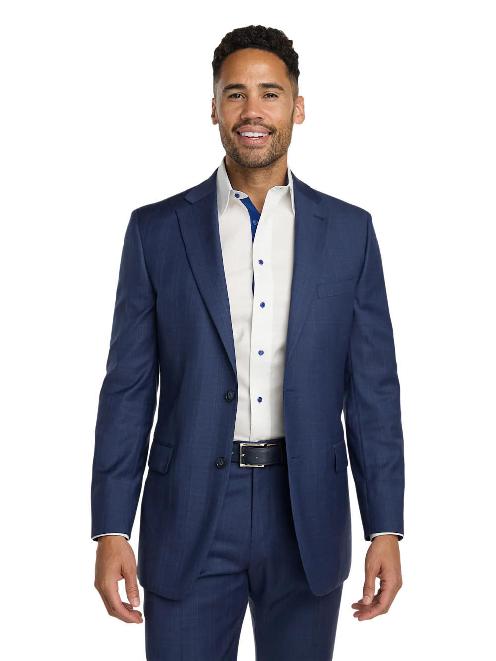 Wool Blend Plaid Single Breasted Notch Lapel Suit Jacket - Blue - Image 2