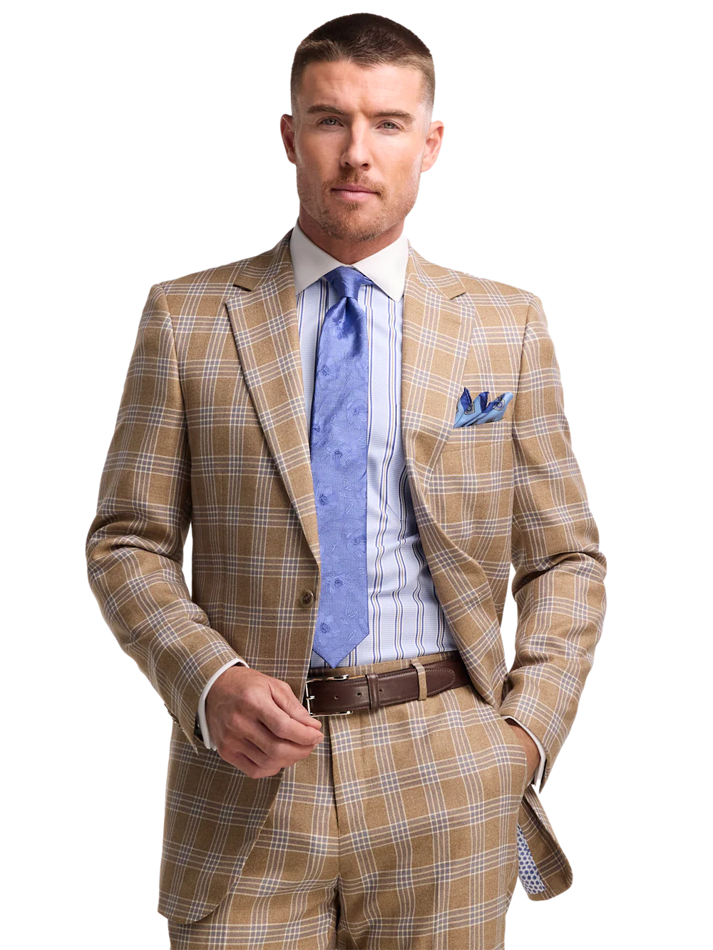 Wool Blend Plaid Single Breasted Notch Lapel Suit Jacket - Brown - Image 2