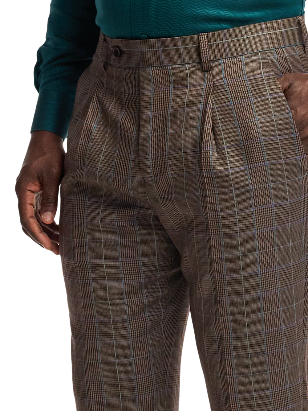 Wool Blend Plaid Single Pleat Suit Pants - Brown/blue - Image 3
