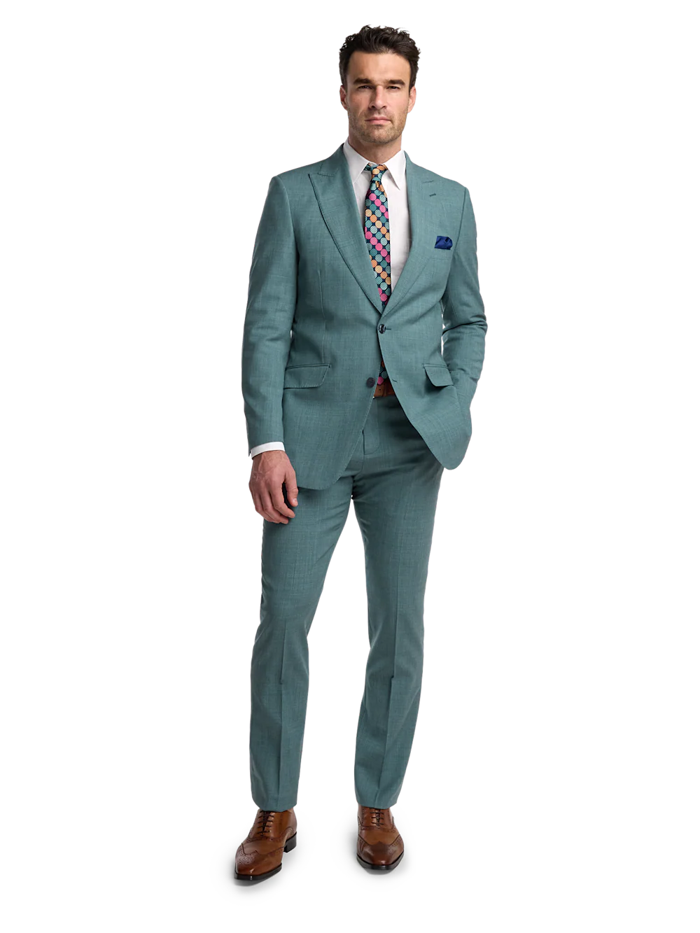 Wool Blend Single Breasted Peak Lapel Suit - Teal - Image 2