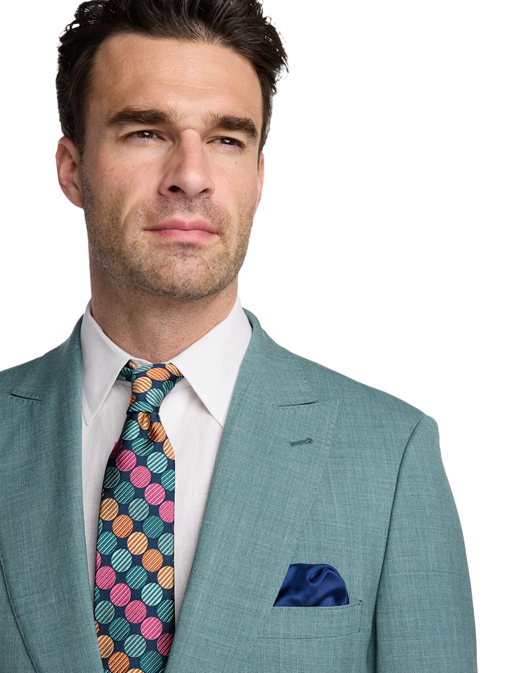 Wool Blend Single Breasted Peak Lapel Suit - Teal - Image 3