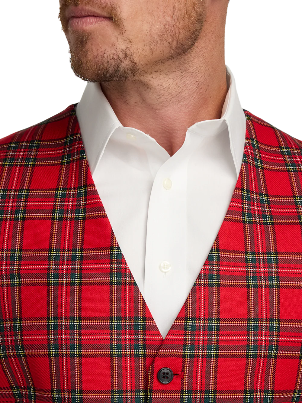 Wool Blend Tartan Plaid No Lapel 5 Button Vest - Red Multi - Image 3