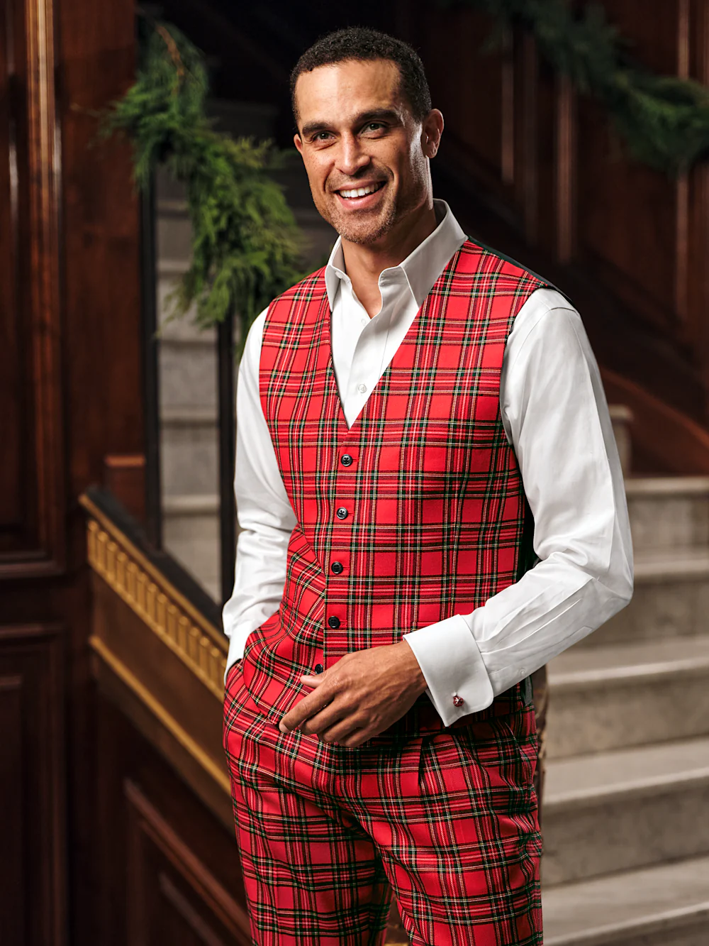 Wool Blend Tartan Plaid No Lapel 5 Button Vest - Red Multi - Image 6