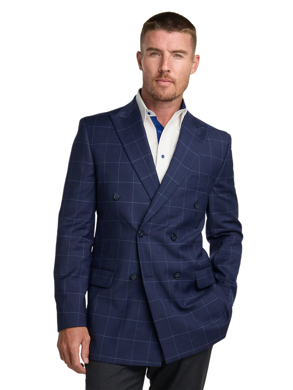 Wool Blend Windowpane Double Breasted Peak Lapel Sport Coat - Blue - Image 2