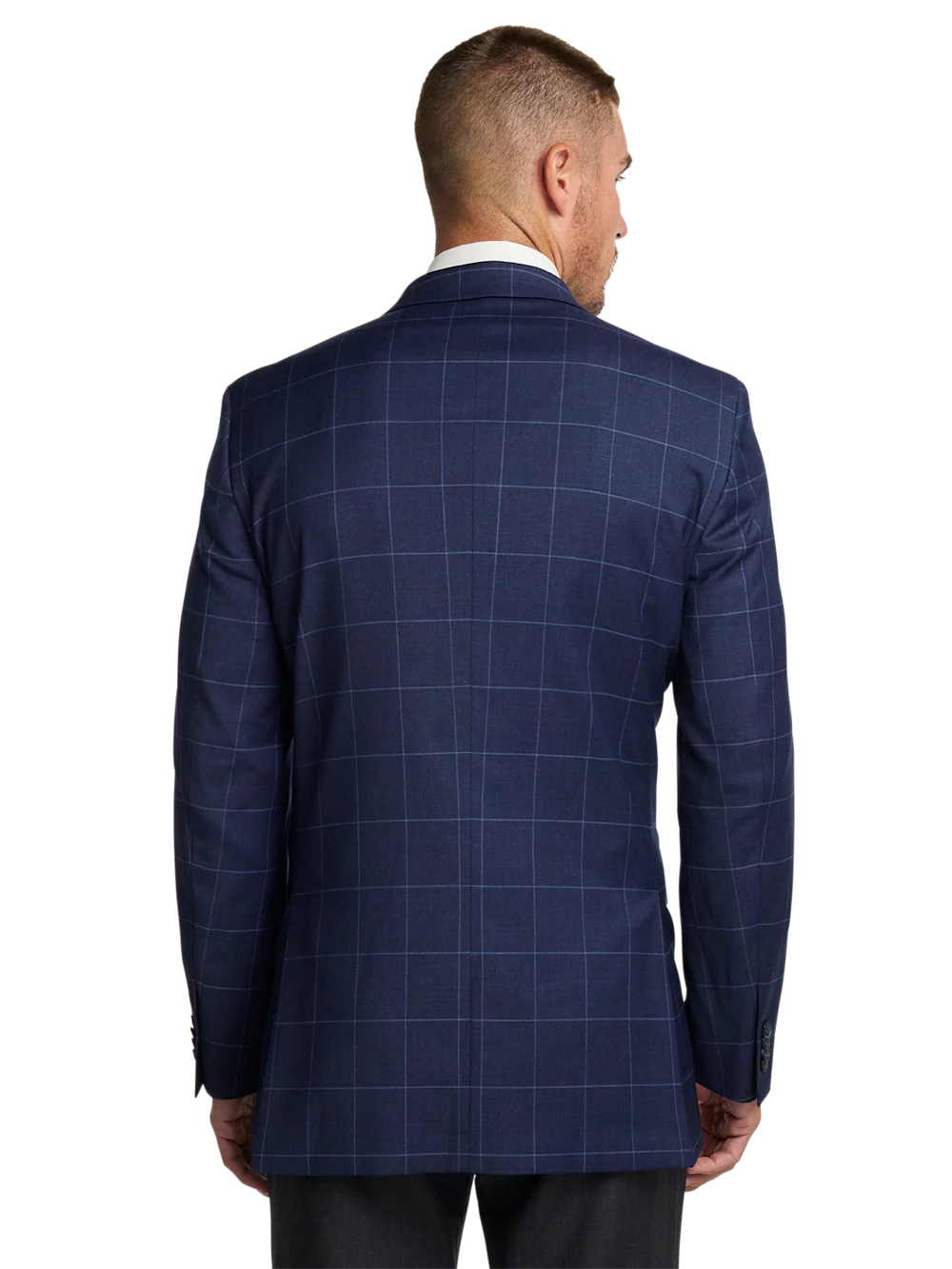 Wool Blend Windowpane Double Breasted Peak Lapel Sport Coat - Blue - Image 7