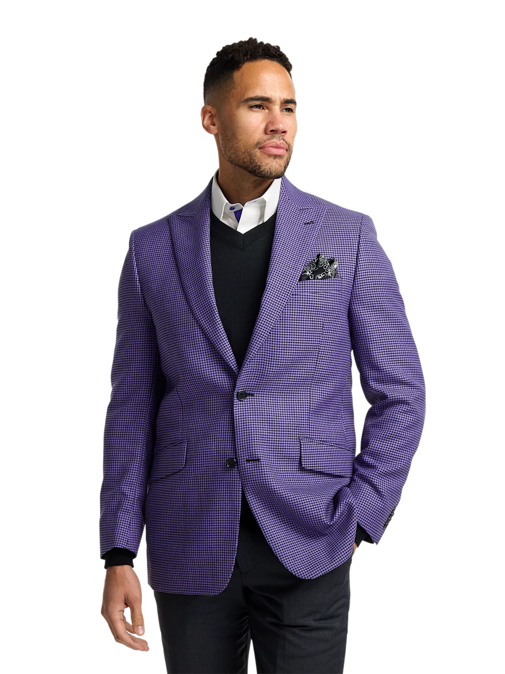 Wool Houndstooth Single Breasted Peak Lapel Sport Coat - Purple - Image 3