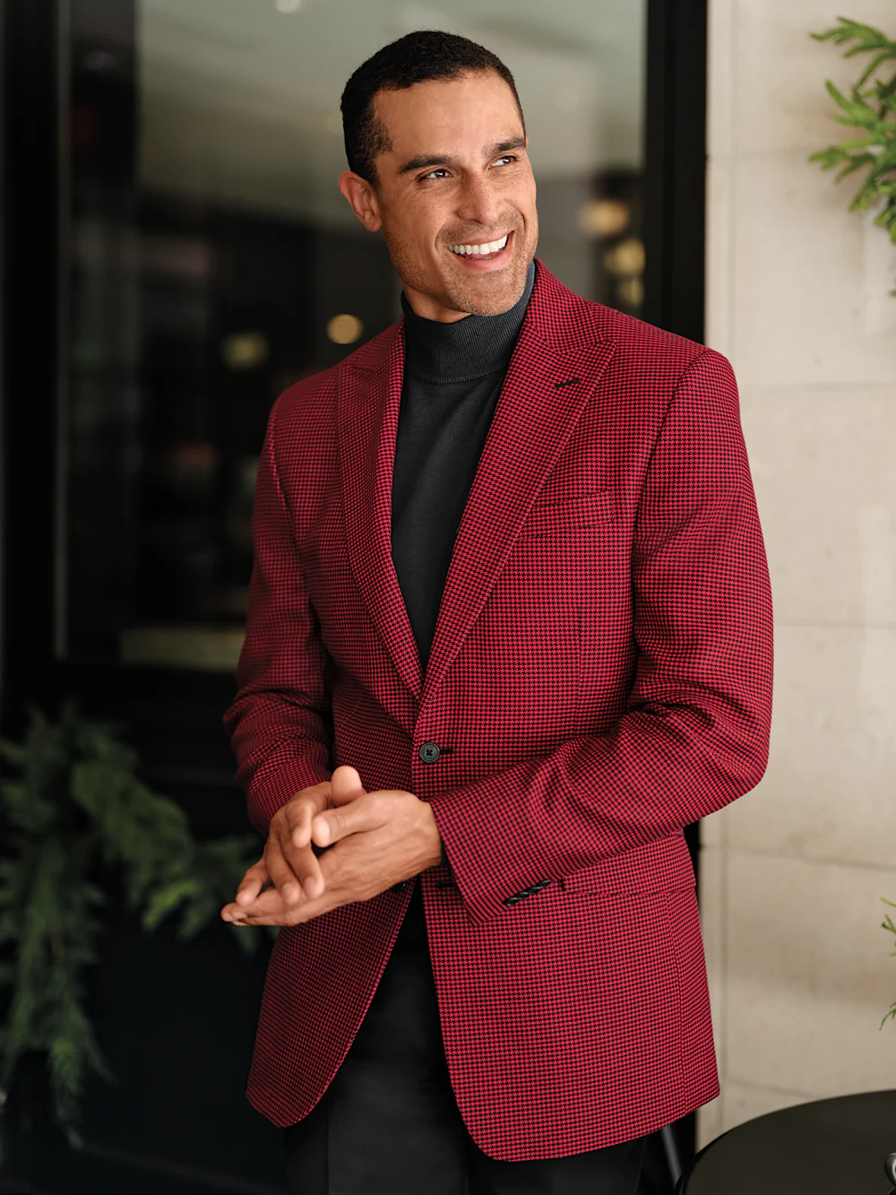 Wool Houndstooth Single Breasted Peak Lapel Sport Coat - Black/red - Image 9