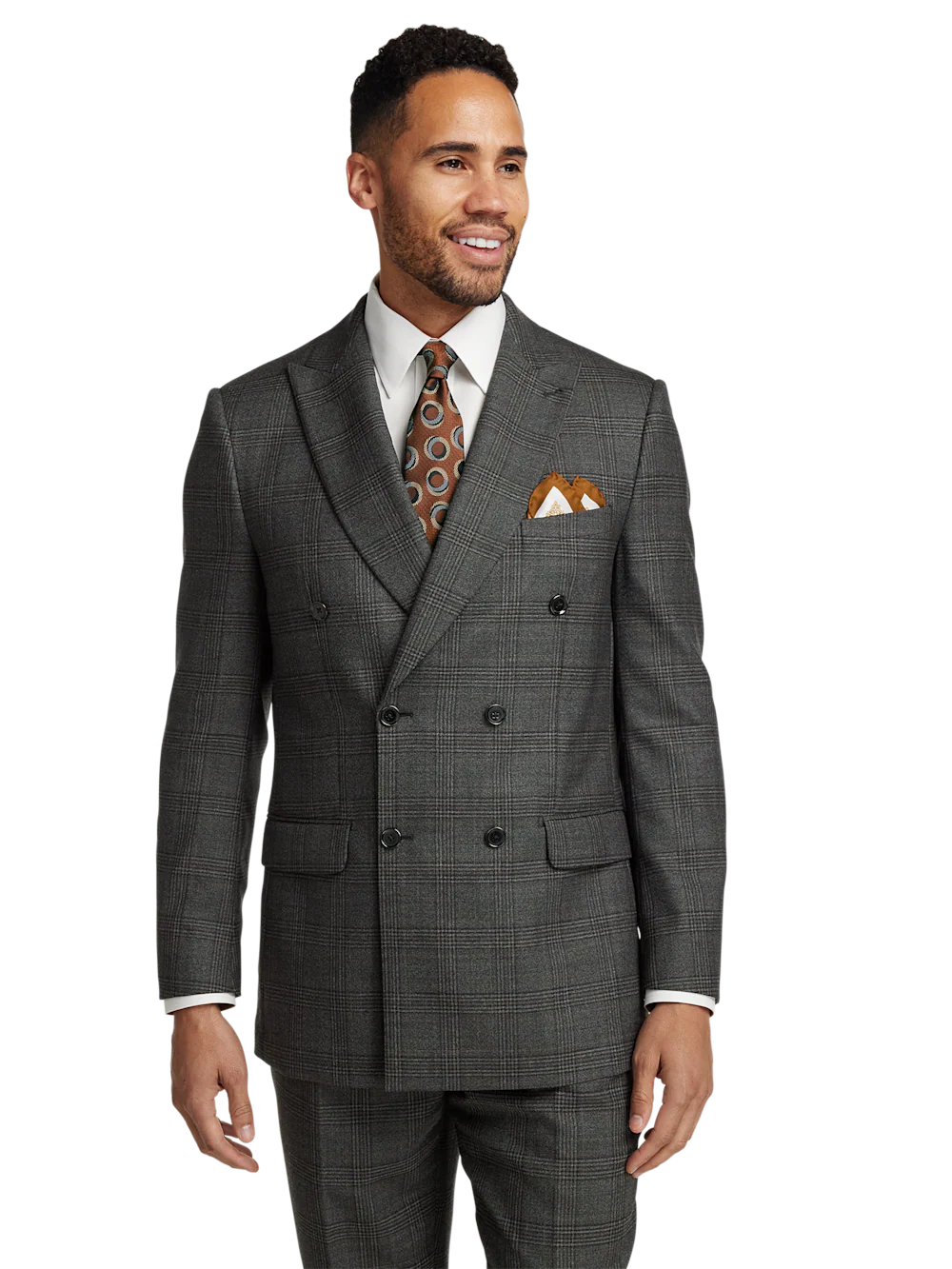 Wool Plaid Double Breasted Peak Lapel Suit Jacket - Charcoal - Image 2