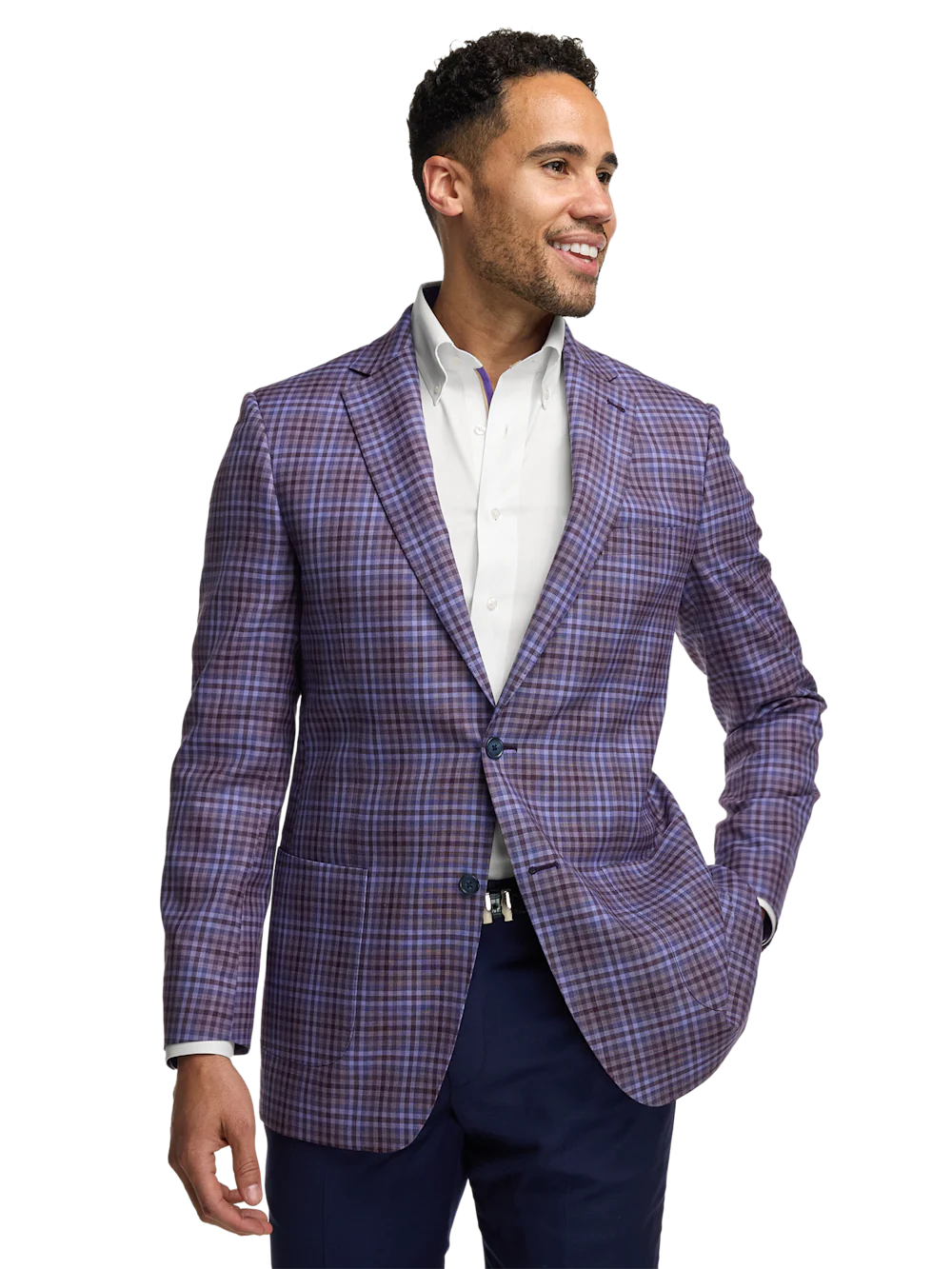 Wool Plaid Single Breasted Notch Lapel Sport Coat - Purple - Image 2
