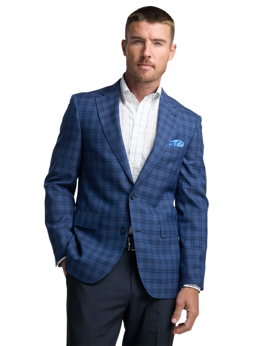 Wool Plaid Single Breasted Notch Lapel Sport Coat - Navy/blue - Image 2