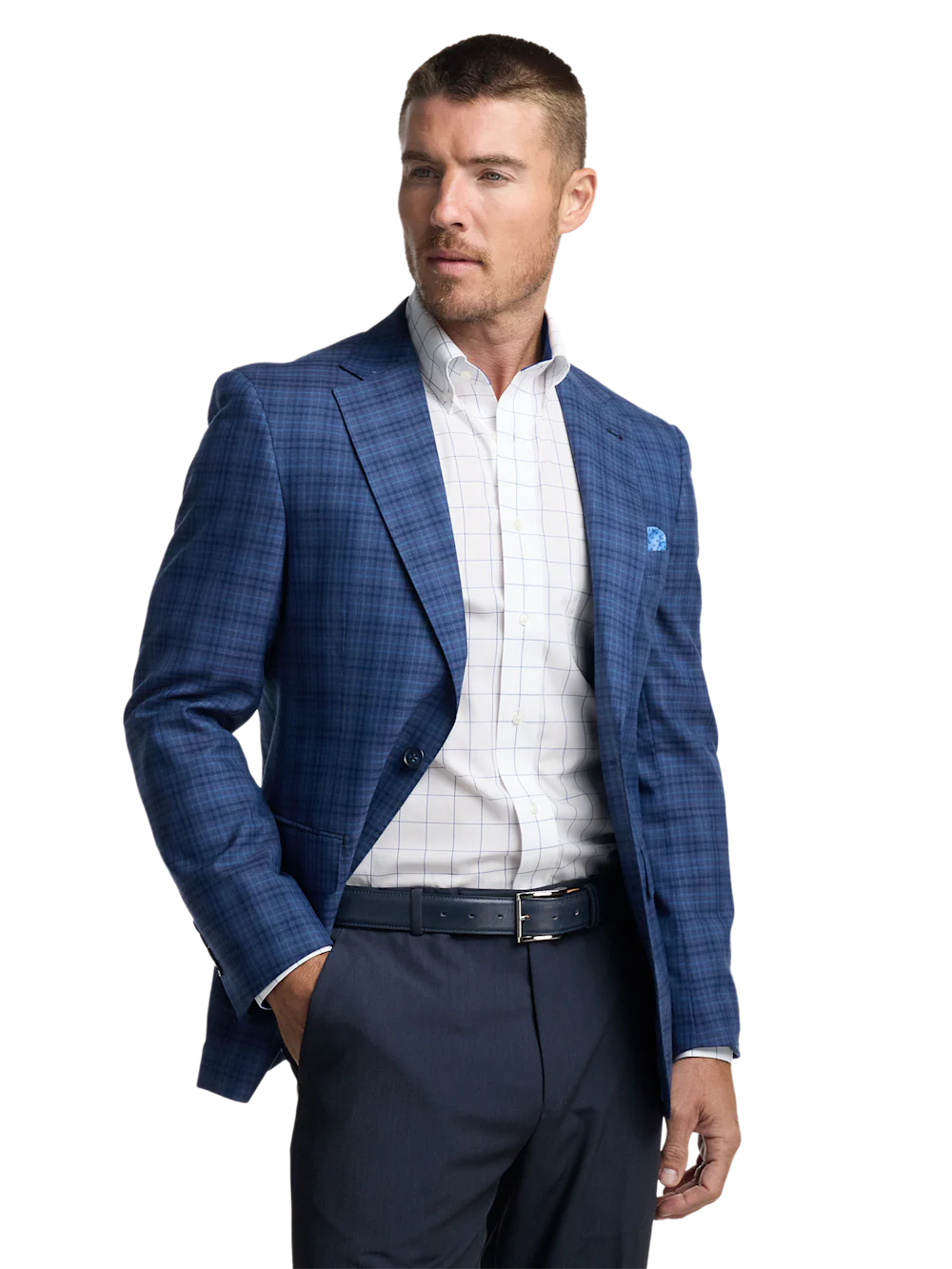 Wool Plaid Single Breasted Notch Lapel Sport Coat - Navy/blue - Image 3