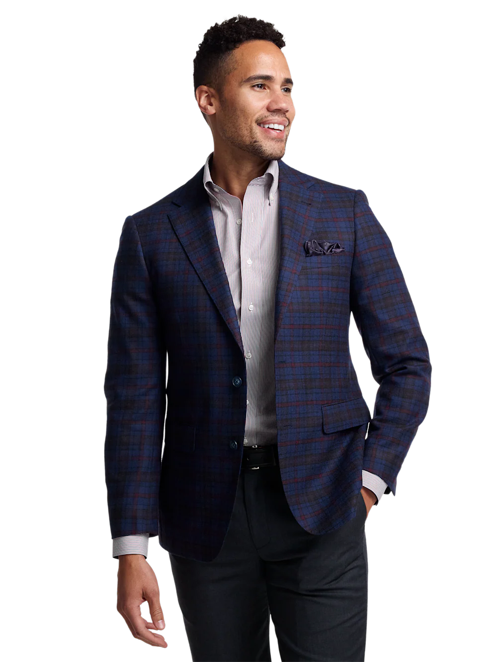 Wool Plaid Single Breasted Notch Lapel Sport Coat - Blue/burgundy - Image 3