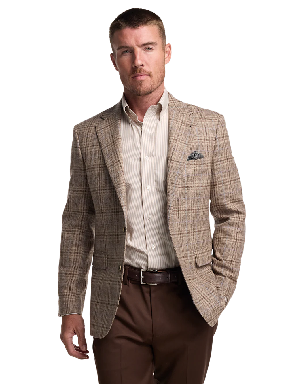 Wool Plaid Single Breasted Notch Lapel Sport Coat - Tan - Image 3