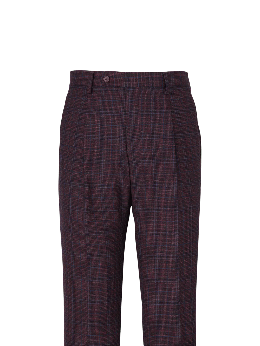 Wool Plaid Single Pleat Suit Pants - Wine - Image 2