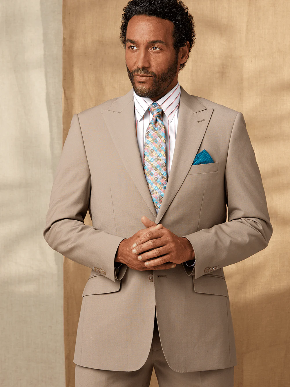 Wool Stretch Bengaline Peak Lapel Suit Jacket - Light Tan - Image 8