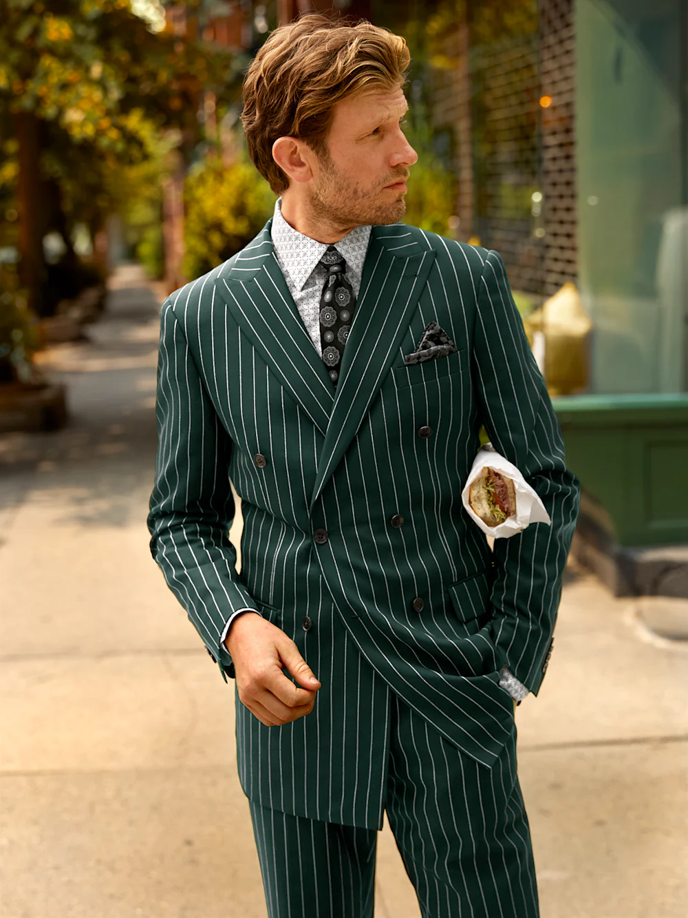 Wool Stretch Stripe Double Breasted Peak Lapel Suit - Dark Green - Image 10