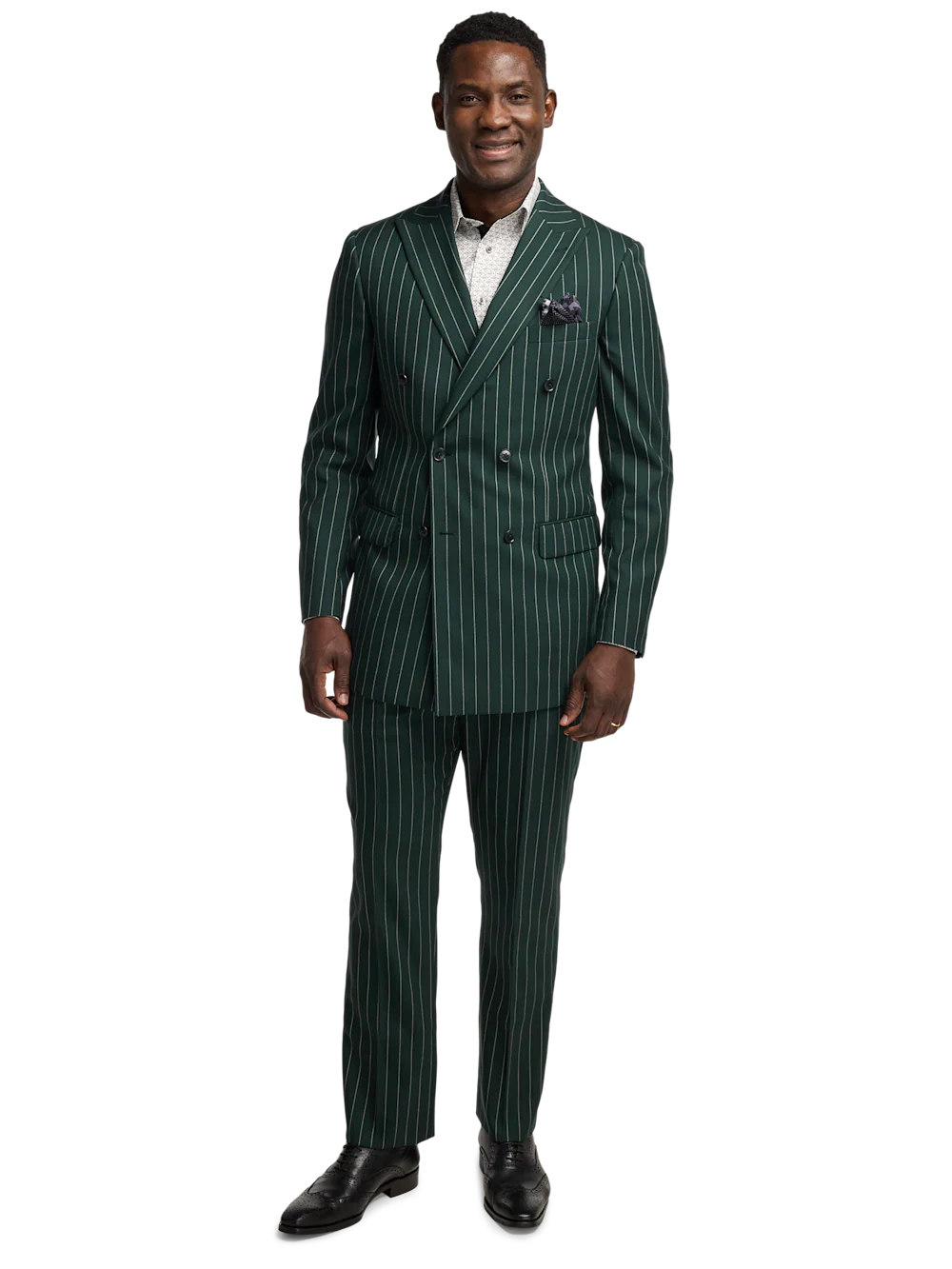 Wool Stretch Stripe Double Breasted Peak Lapel Suit - Dark Green - Image 2