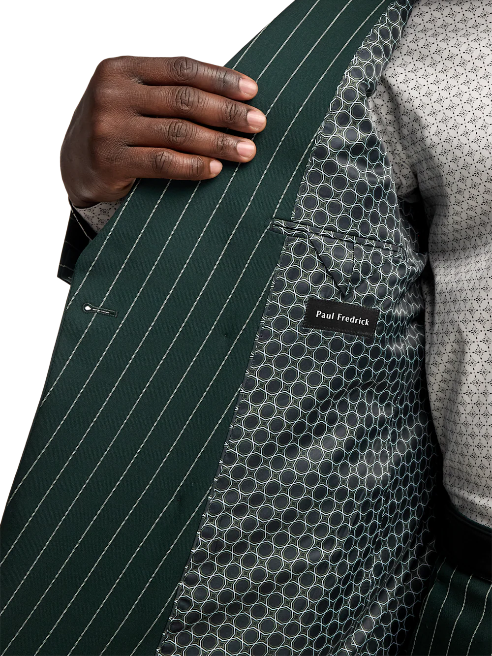Wool Stretch Stripe Double Breasted Peak Lapel Suit - Dark Green - Image 4