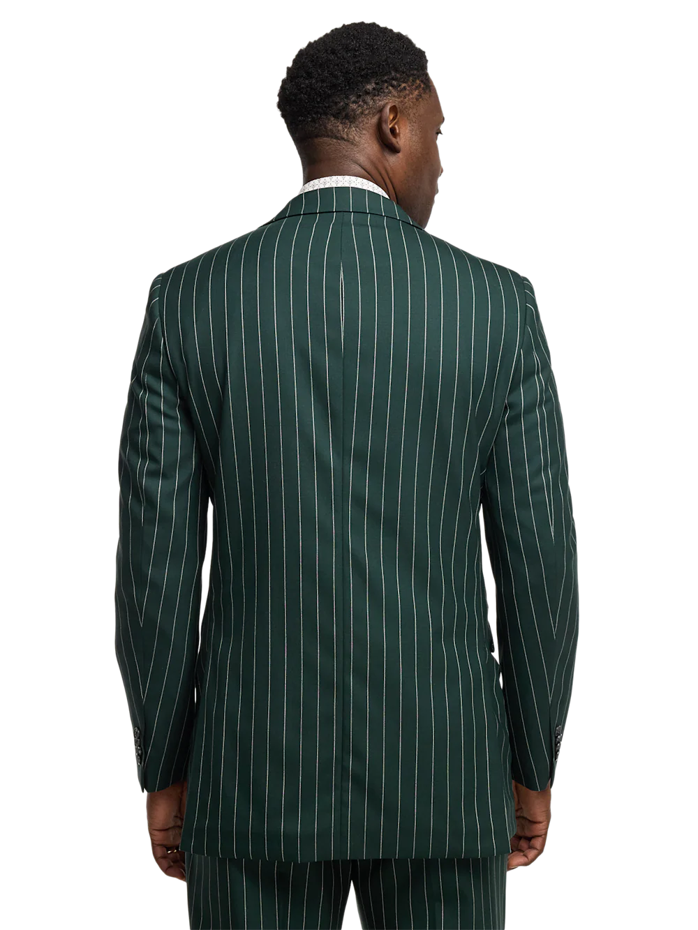 Wool Stretch Stripe Double Breasted Peak Lapel Suit - Dark Green - Image 7