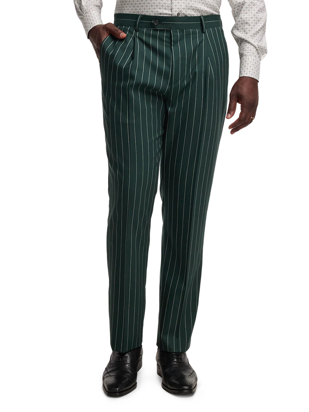Wool Stretch Stripe Double Breasted Peak Lapel Suit - Dark Green - Image 8