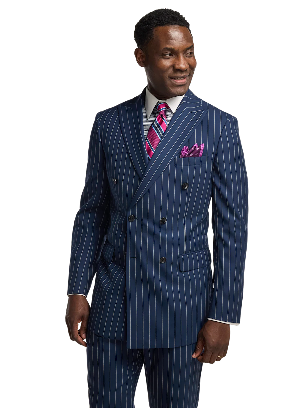 Wool Stretch Stripe Double Breasted Peak Lapel Suit Jacket - Blue - Image 2