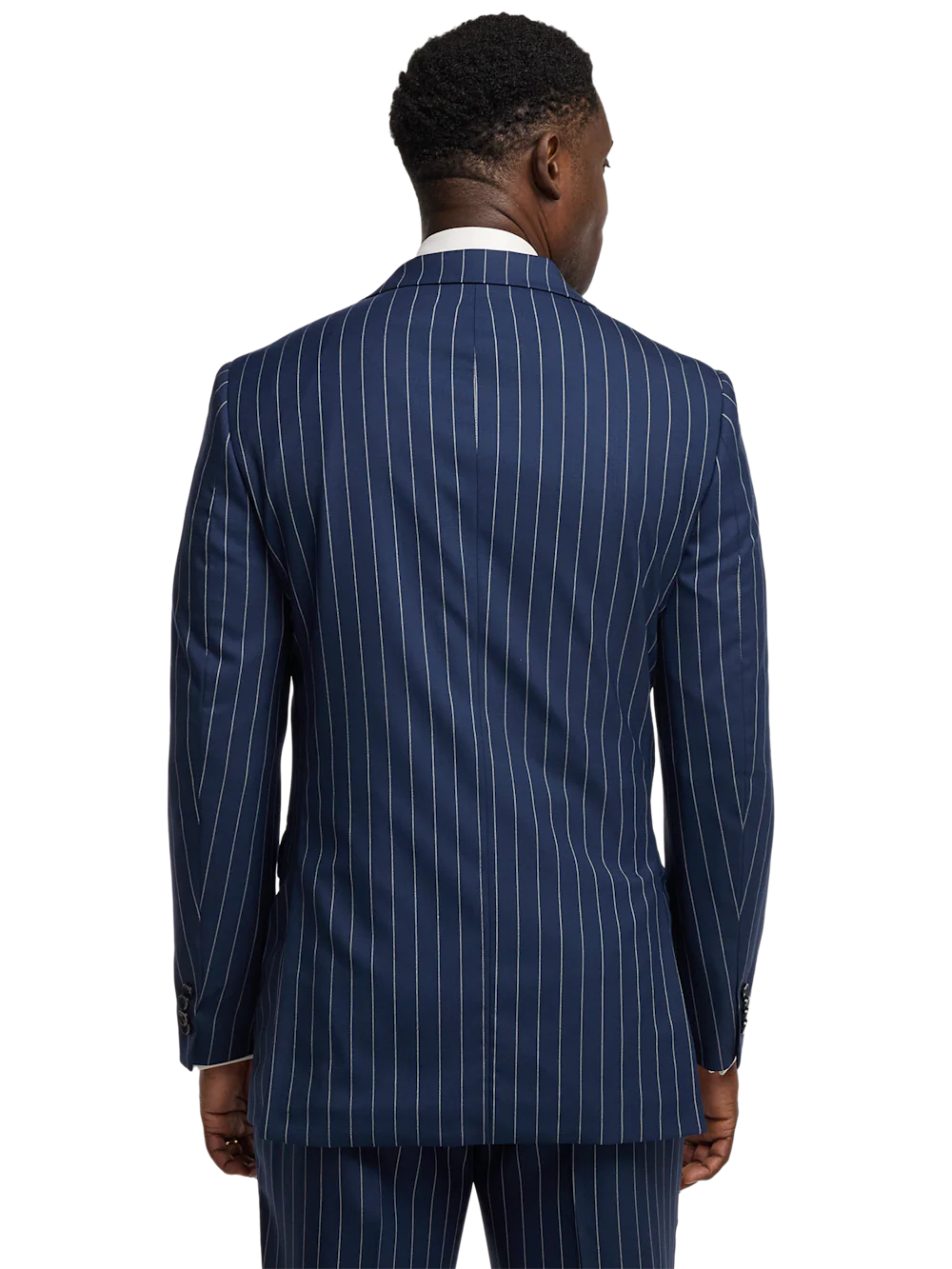 Wool Stretch Stripe Double Breasted Peak Lapel Suit Jacket - Blue - Image 7
