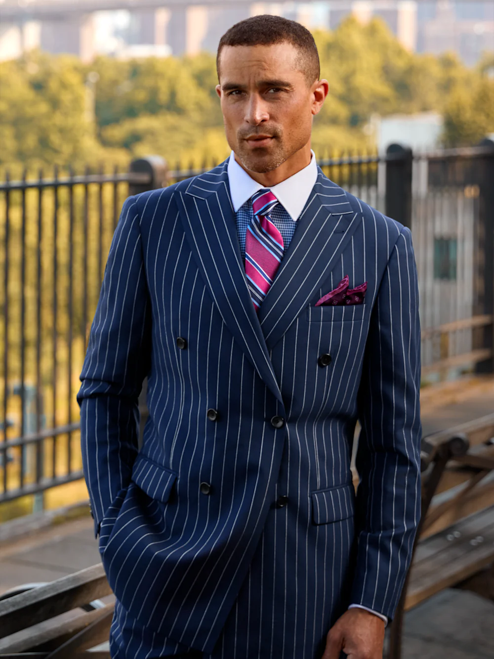 Wool Stretch Stripe Double Breasted Peak Lapel Suit Jacket - Blue - Image 8