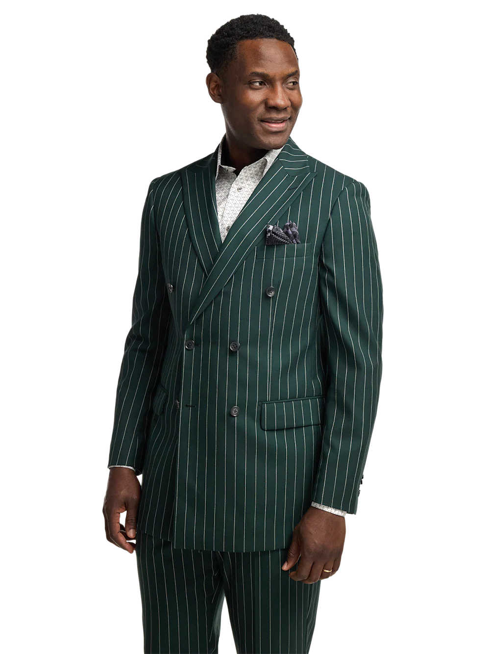 Wool Stretch Stripe Double Breasted Peak Lapel Suit Jacket - Dark Green - Image 2