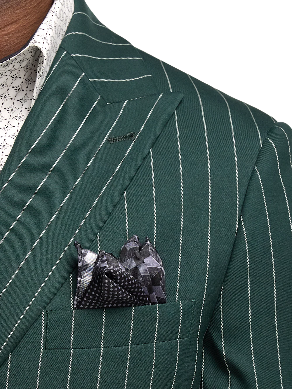 Wool Stretch Stripe Double Breasted Peak Lapel Suit Jacket - Dark Green - Image 6