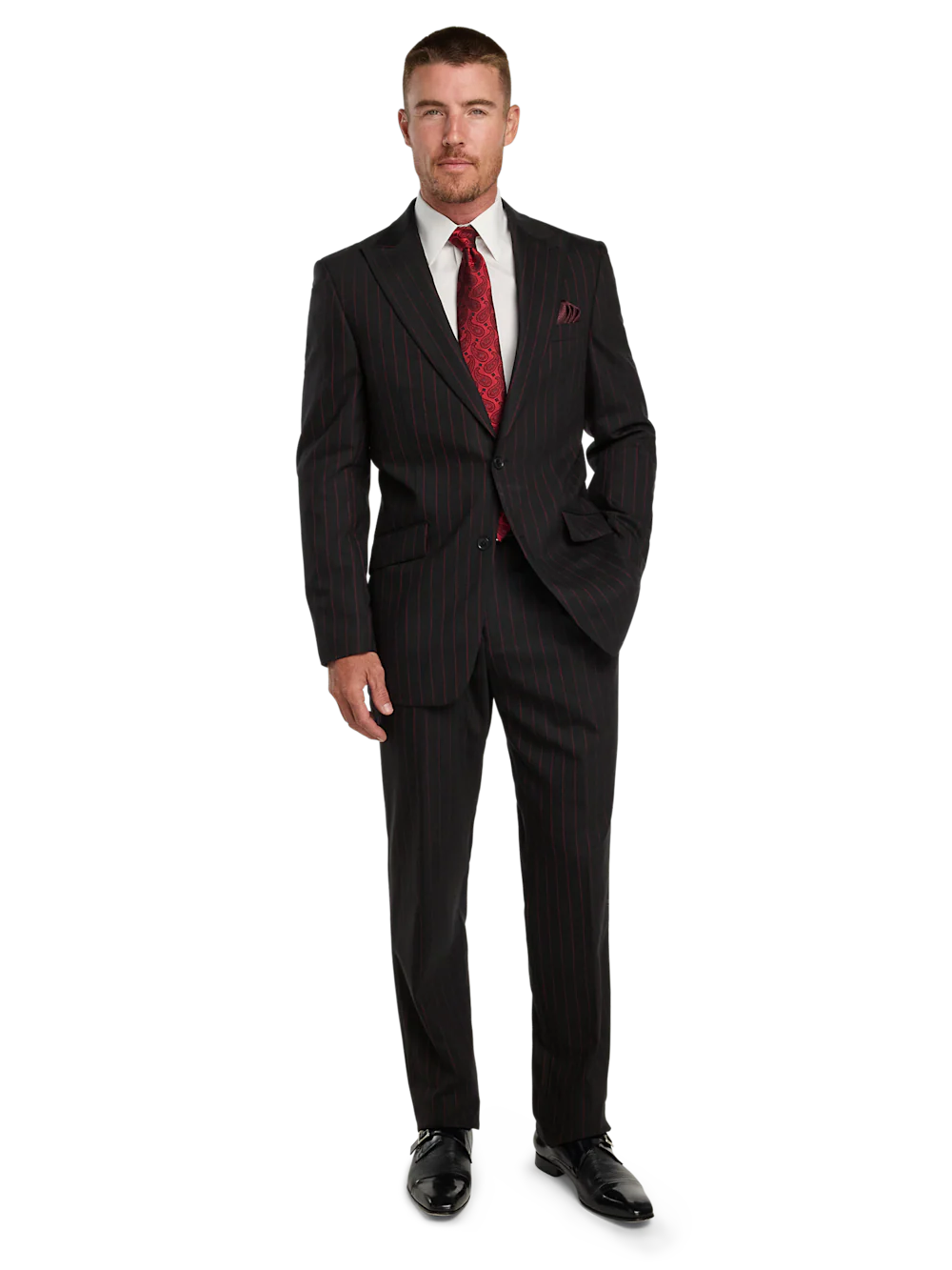 Wool Stretch Stripe Single Breasted Peak Lapel Suit - Black/red - Image 2