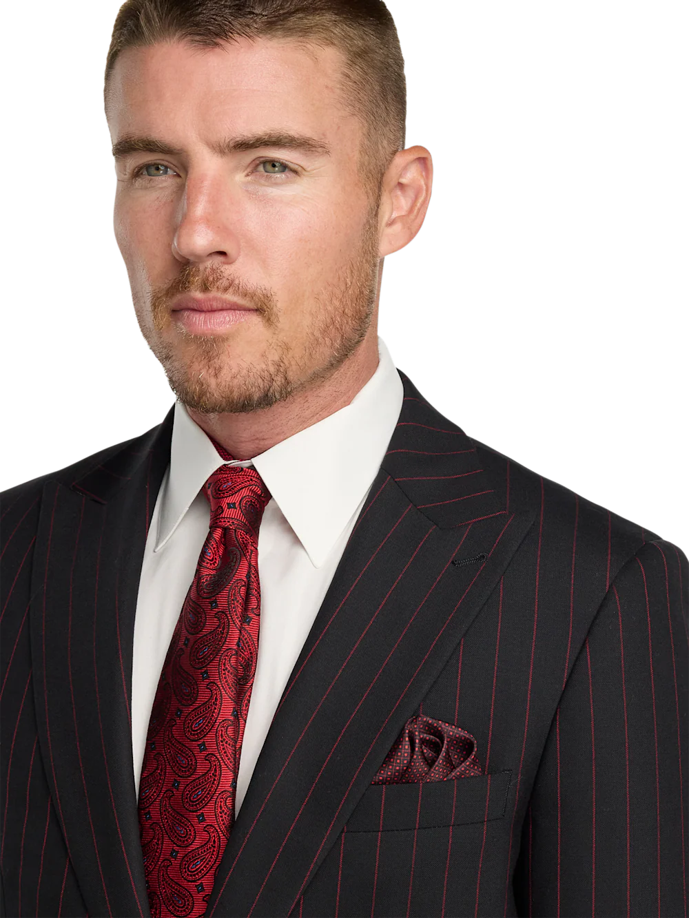 Wool Stretch Stripe Single Breasted Peak Lapel Suit - Black/red - Image 3