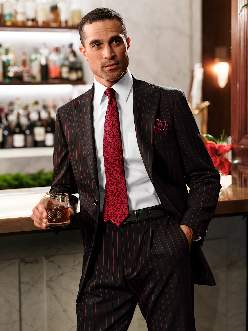 Wool Stretch Stripe Single Breasted Peak Lapel Suit Jacket - Black/red - Image 8