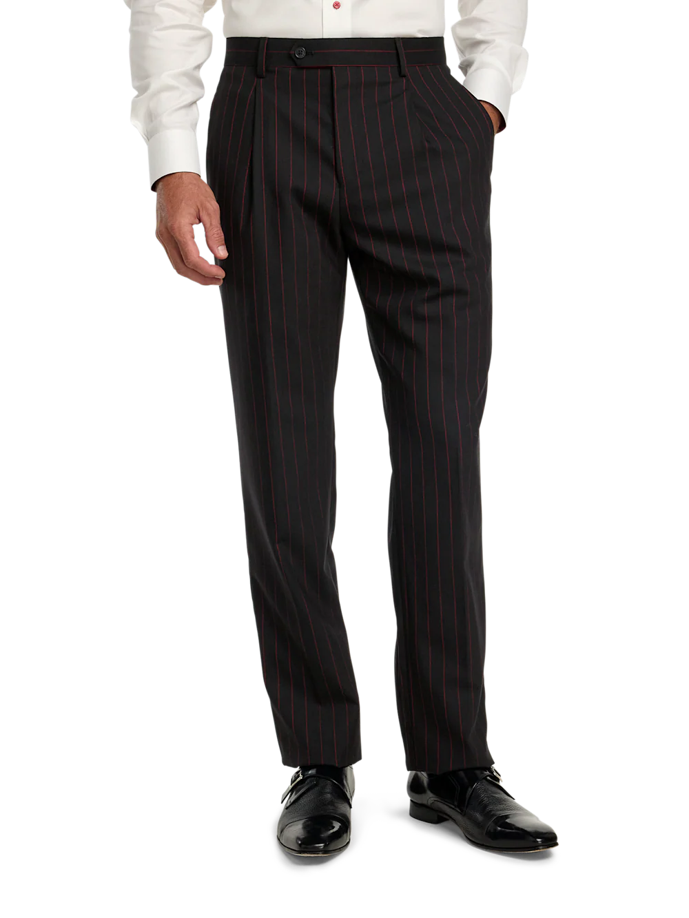 Wool Stretch Stripe Single Pleat Suit Pants - Black/red - Image 2