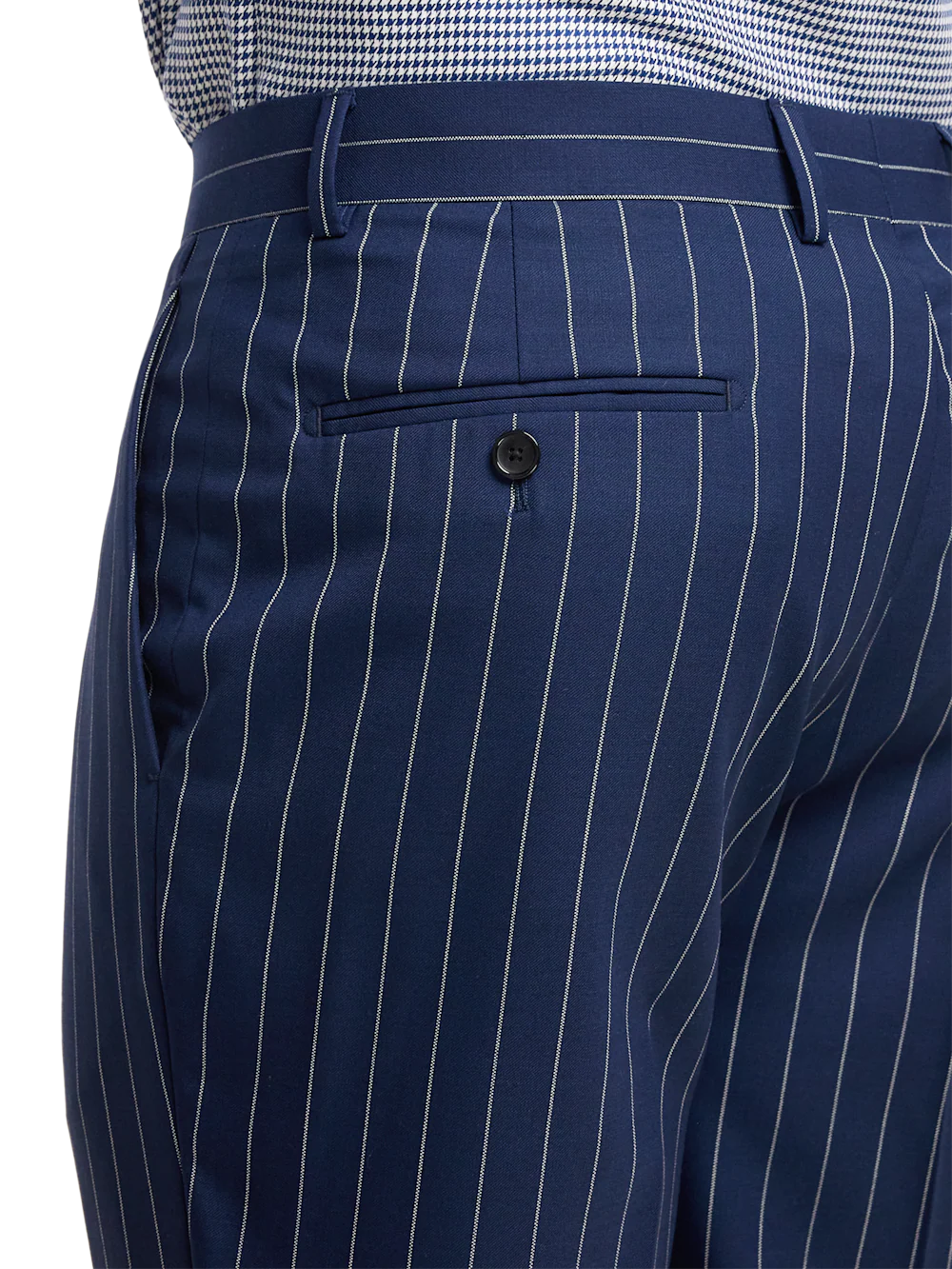 Wool Stretch Stripe Single Pleat Suit Pants - Blue - Image 4