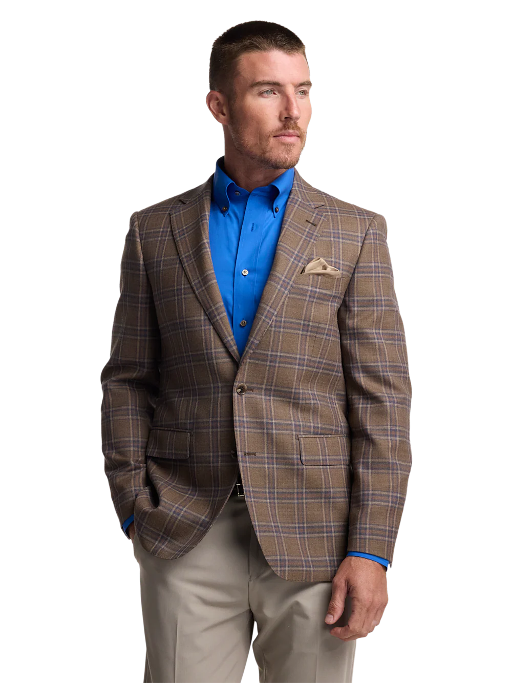 Wool Windowpane Single Breasted Notch Lapel Sport Coat - Tan/blue - Image 2