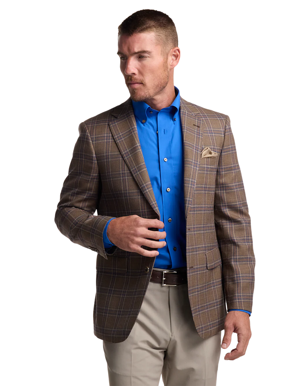 Wool Windowpane Single Breasted Notch Lapel Sport Coat - Tan/blue - Image 3